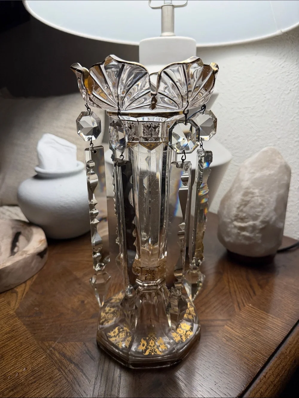 Vintage Crystal Prism Decorative Accent Vase with Hanging Prisms from the 1930s